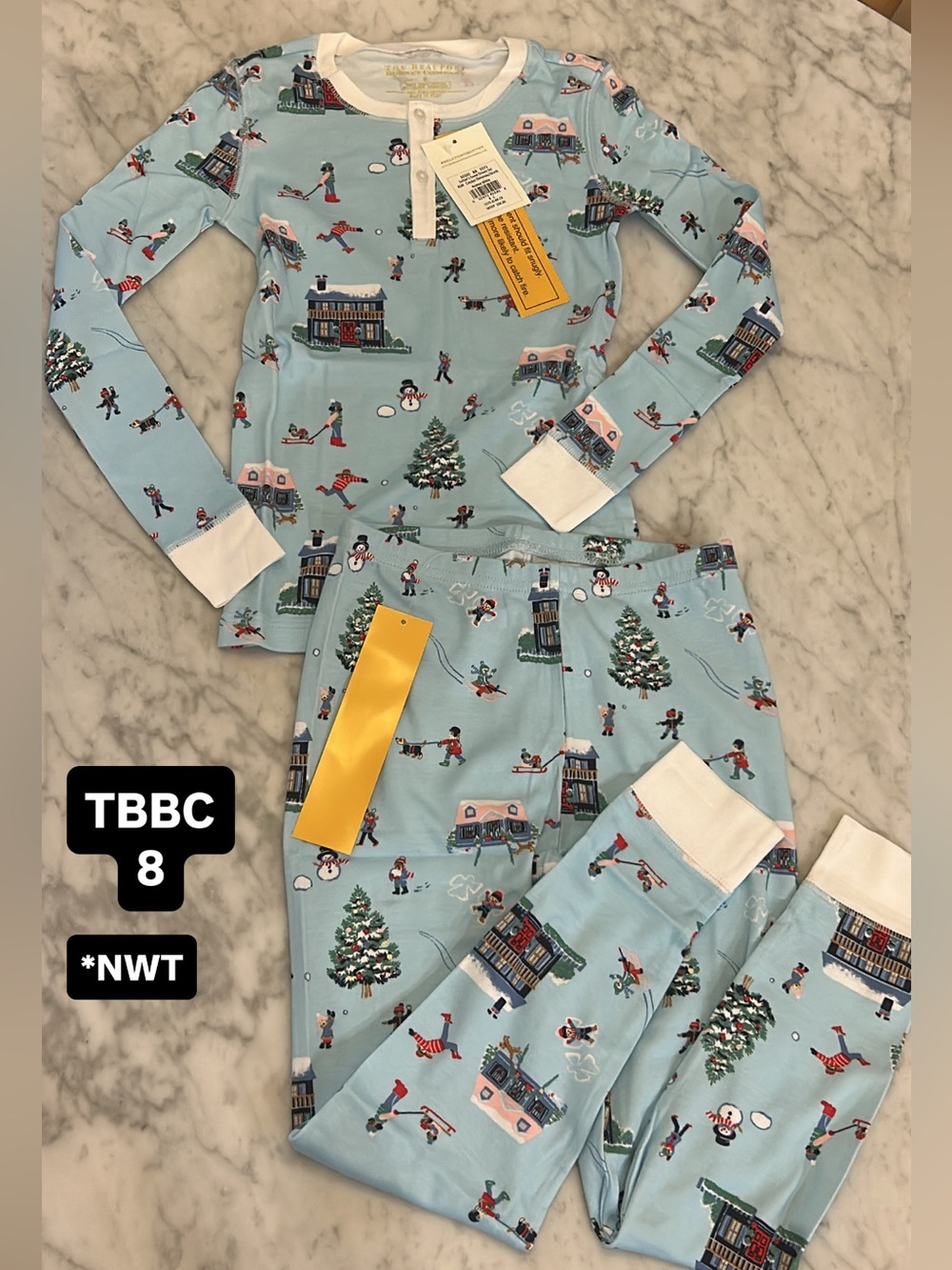 The Beaufort Bonnet Company Light Blue Holiday Village Kids Pajama Set